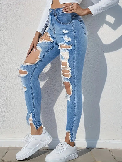 Blue Ripped Holes Skinny Jeans, Slim Fit High-Stretch Distressed Tight Jeans, Women's Denim Jeans & Clothing