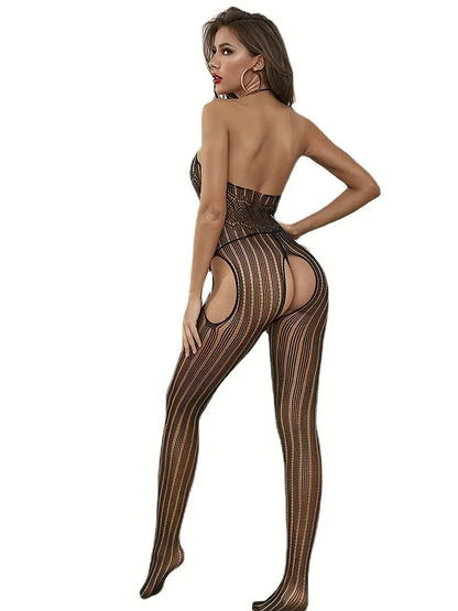 Sultry Halter Fishnet Bodystocking, Hollow Out Open Crotch Striped Jacquard Bodysuit, Women's Lingerie & Underwear