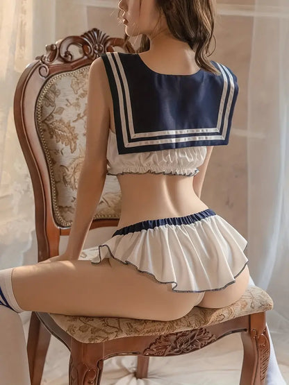 Sexy Sailor Uniform Lingerie Set, Strapless Bandeau Bra & Sheer Panties Uniform Temptation, Women's Lingerie & Underwear