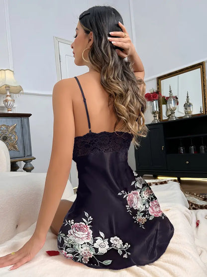 Floral Print Slip Nightdress, Sexy Contrast Lace Deep V Sleeveless Dress, Women's Lingerie & Sleepwear