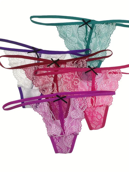 6pcs Floral Lace G-String Panties, Sexy Breathable Mesh Intimates Panties, Women's Lingerie & Underwear