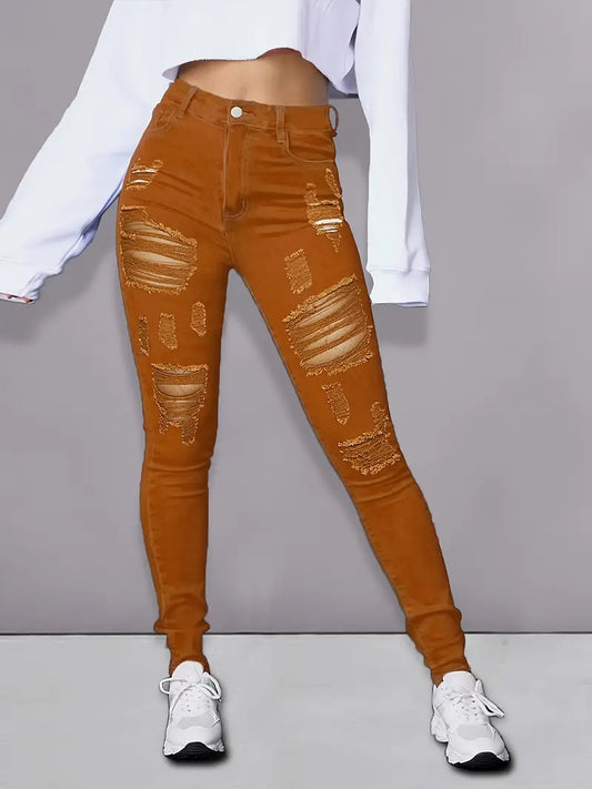 Light Brown Ripped Denim Pants, Plicated Hem Slash Pockets Jeans, Women's Denim Jeans & Clothing