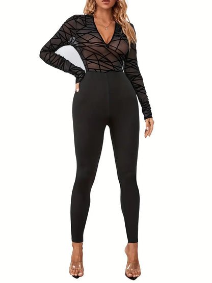 Solid Sheer Jumpsuit, Sexy Long Sleeve Crew Neck Long Length Jumpsuit, Women's Clothing