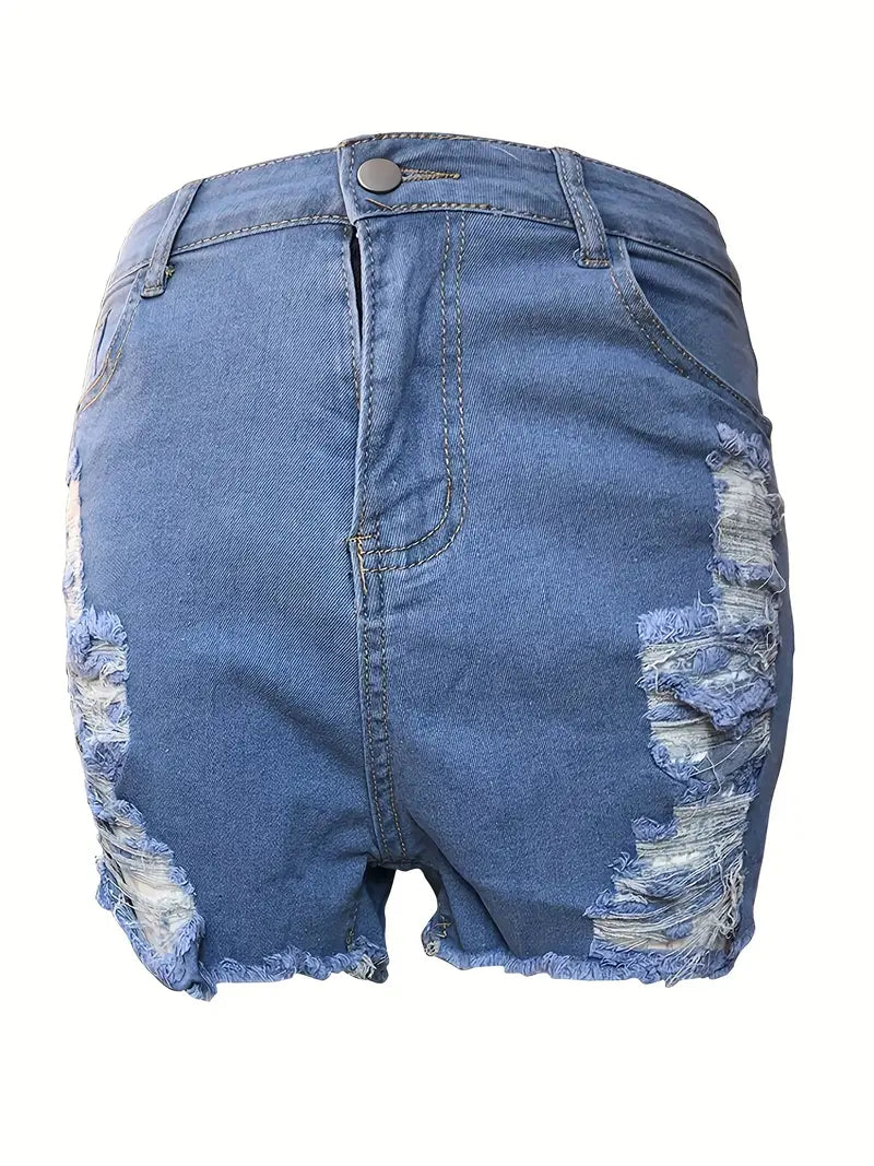 Short en denim bleu à ourlet brut, pantalon en denim court à poches obliques taille haute coupe slim, jeans et vêtements en denim pour femmes 