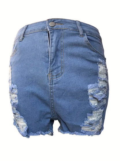 Blue Raw Hem Denim Shorts, Slim Fit High Waist Distressed Slash Pockets Short Denim Pants, Women's Denim Jeans & Clothing