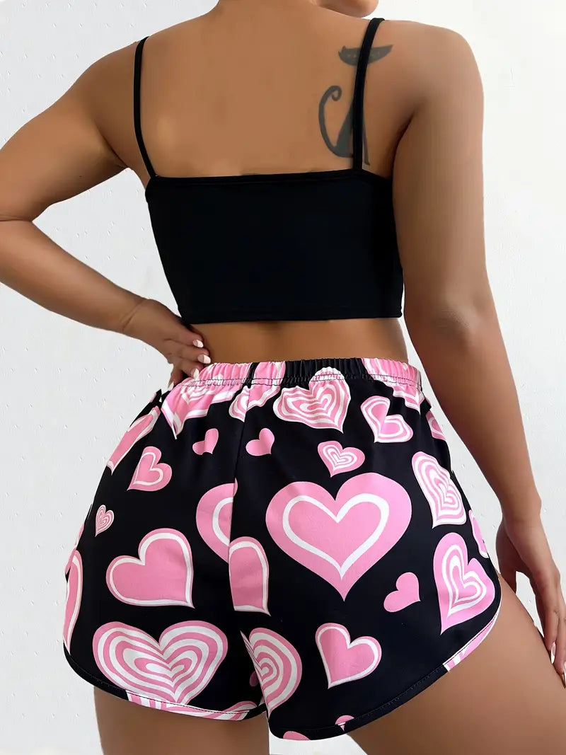 Plus Size Casual Pajamas Set, Women's Plus Cute Heart Print Cami Top & Shorts 2pcs Set