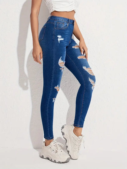 Blue Ripped Holes Skinny Jeans, Slim Fit Slash Pockets Slight-Stretch Casual Denim Pants, Women's Denim Jeans & Clothing