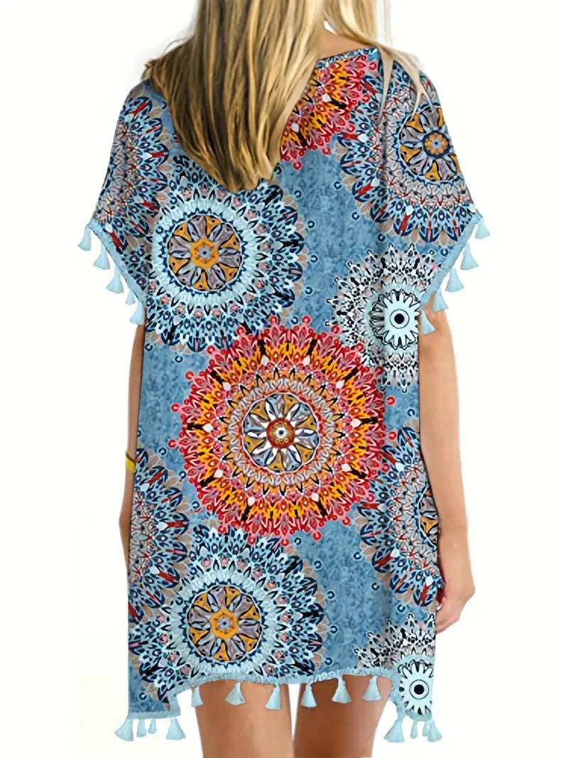 Floral Print Hobo Style Tassel Trim Beach Cover Up, Scoop Neck Blue Side Split Kaftan Cover Up Dress, Women's Swimwear & Clothing