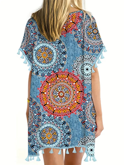 Floral Print Hobo Style Tassel Trim Beach Cover Up, Scoop Neck Blue Side Split Kaftan Cover Up Dress, Women's Swimwear & Clothing