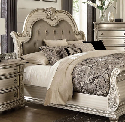 Royal Antique Silver Panel 5 PC King Size Bedroom Set, Bed, Dresser, Mirror, 2 Nightstands