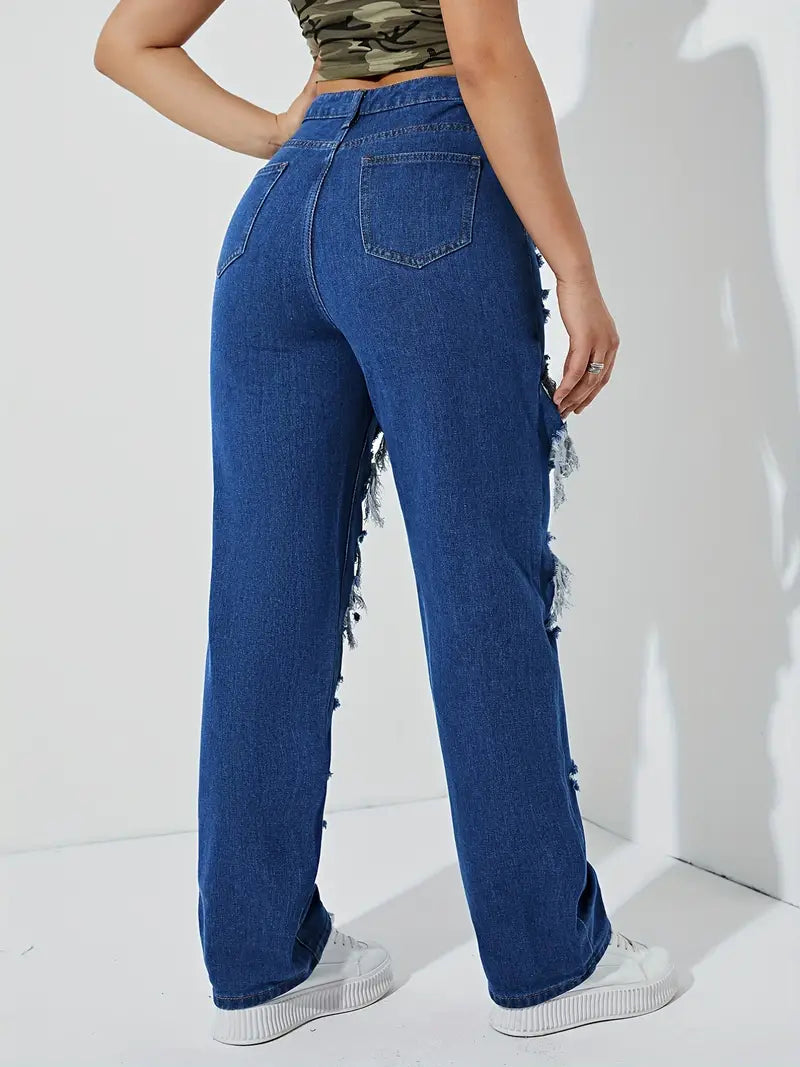 Women's Grunge Denim Jeans: High Rise Destroyed Legs & Slim Fit Ripped Distressed Pants