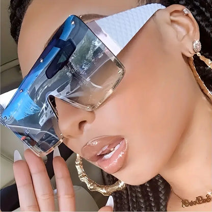 Oversized Flat Top Sunglasses For Women Men One-piece Ombre Lens Glasses Rivet Decor Shield Fashion Eyewear