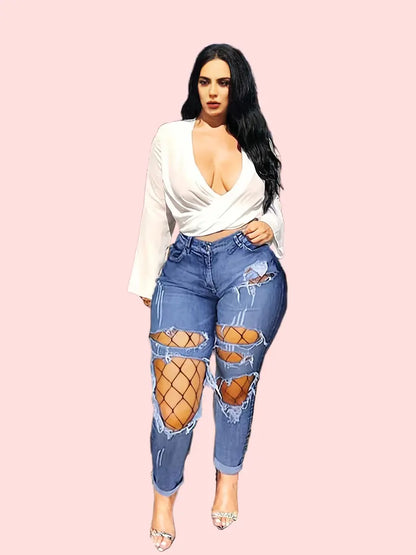 Women's Slim Fit Distressed Denim Jeans with Ripped Holes and Fishnet Stocking Accents