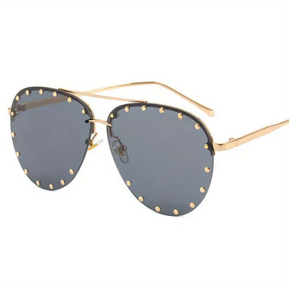 Top Bar Fashion Aviator Sunglasses For Women's Men Oversized Semi Rimless Glasses Rivet Decor Eyewear