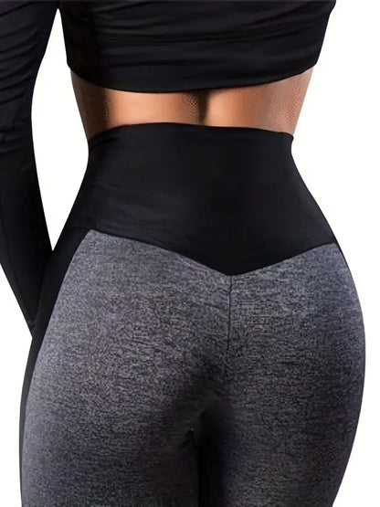 Two Tune Color Patchwork Sports Pants, High Waist Butt Lifting Sexy Yoga Crop Leggings, Women's Activewear