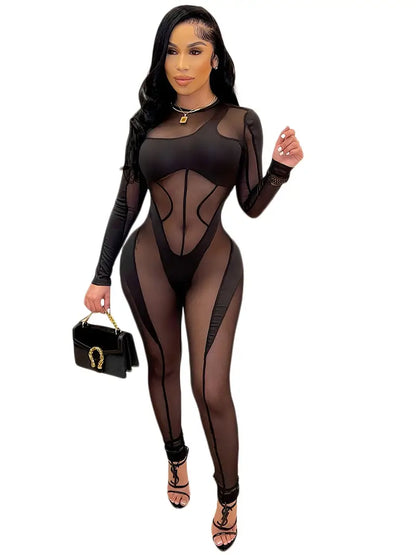 Women's Plus Size Sexy Mesh Bodysuit - High Stretch Solid Contrast Jumpsuit with Semi Sheer Look