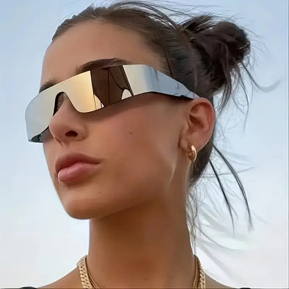 Lunettes de soleil futuristes une pièce pour femmes et hommes, pare-soleil à la mode en miroir Cyberpunk pour cyclisme, fête sur la plage 