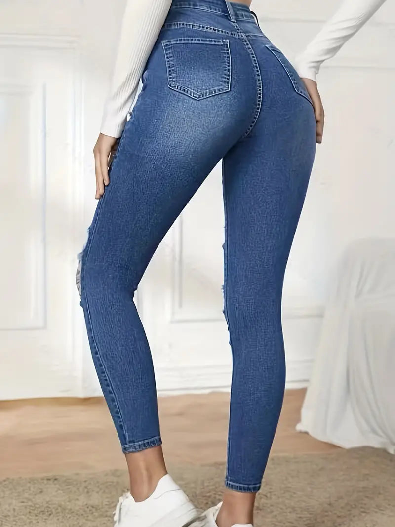 Ripped High Waist Skinny Jeans, Stretchy Solid Color Distressed Denim Pants, Women's Denim Jeans & Clothing