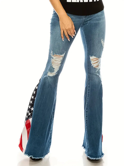 American Flap Patchwork Raw Hem Flare Leg Jeans, Ripped Vintage Retro Star Stripes Pattern Whiskering Bell Bottoms Denim Pants, 4th Of July Independence Day Outfit, Women's Denim Jeans & Clothing