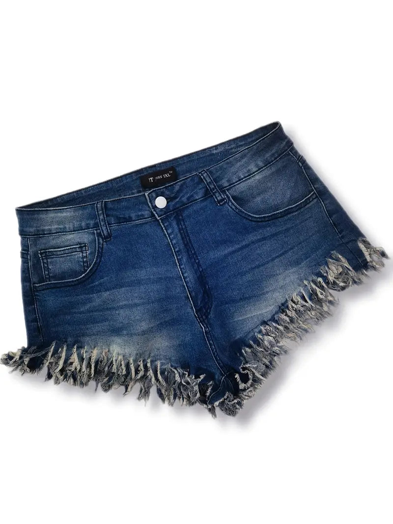 Plus Size Sexy Denim Shorts, Women's Plus Solid Fringe Trim High Rise Medium Stretch Button Fly Pocketed Denim Shorts