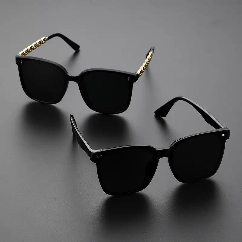 2pairs Trendy Cool Black Frame Sunglasses Set, Rimless Sunglasses & Hollow Golden Chain Design Temples Full Rim Sunglasses, Men Women Casual Versatile Party Driving Decors , Ideal Choice For Gifts