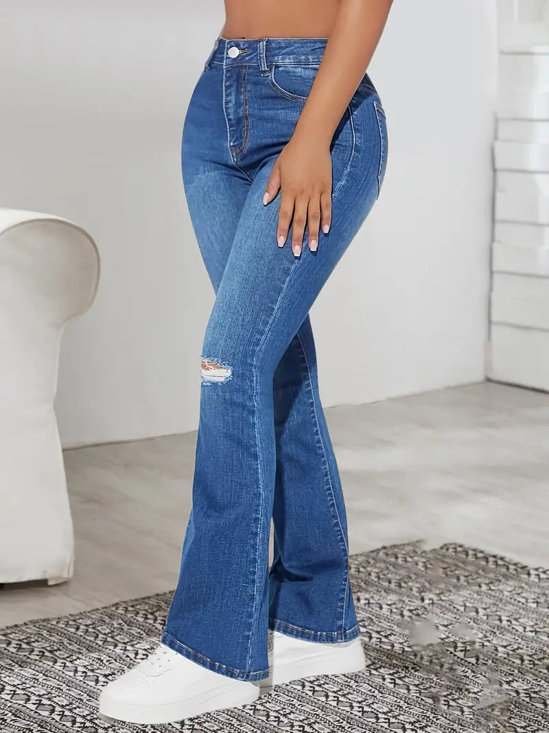 Women's High Waisted Ripped Denim Jeans with Flare Leg, Mom Fit & Kangaroo Pocket - Stylish & Comfortable Denim Clothing