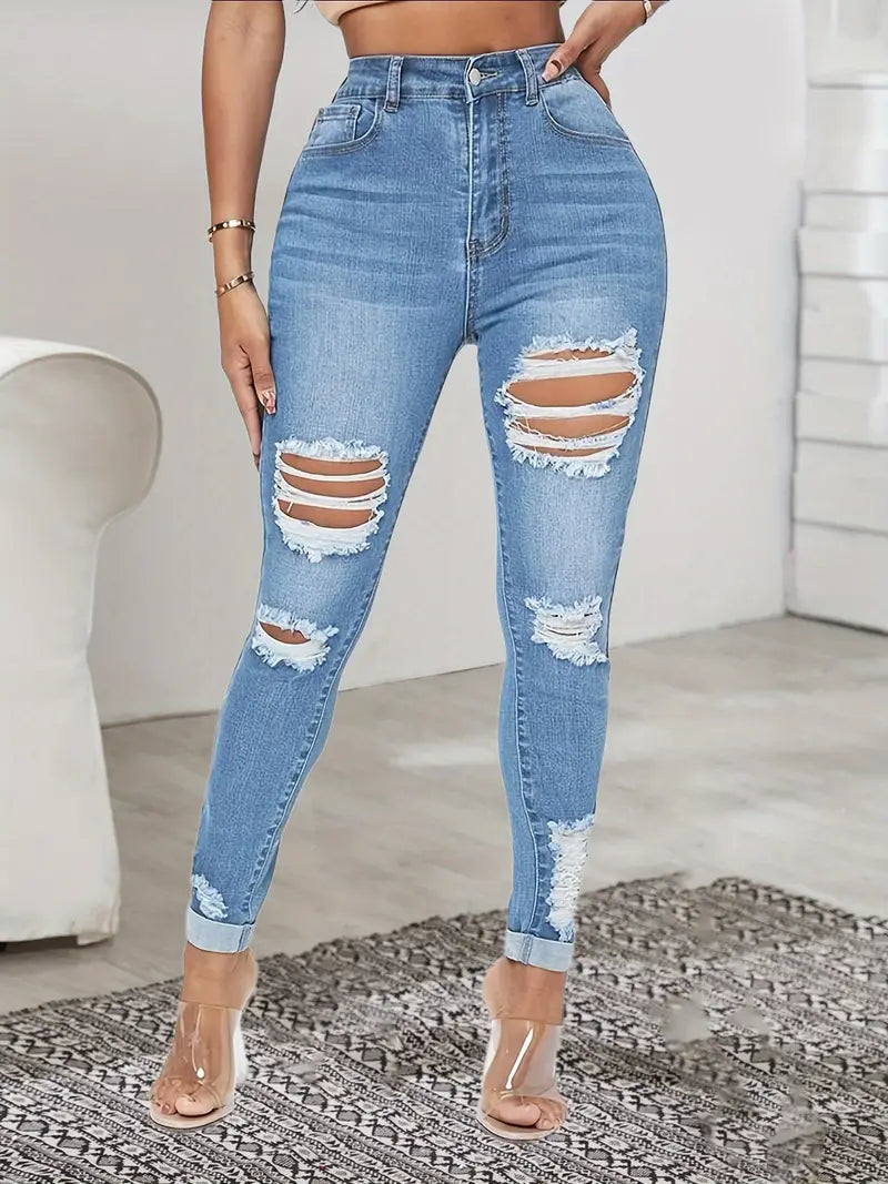 Women's Distressed Denim Jeans with Ripped Slash Pockets - High Waist Skinny Fit for a Tight Look!