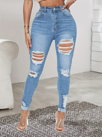 Blue Ripped Stretchy Skinny Fit Jeans, Distressed Slash Pockets High Waist Tight Fit Denim Jeans, Women's Denim Jeans & Clothing