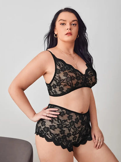 Plus Size Contrast Lace Semi Sheer Solid Sexy Lingerie Set, Women's Plus Medium Stretch High Waist Sexy Lingerie Set