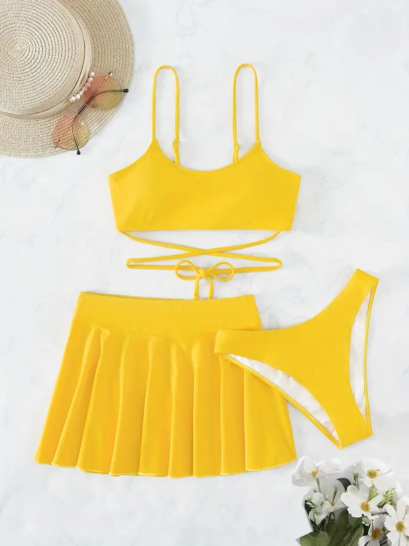 Solid Color Criss Cross Tie Back 3 Piece Swimsuit, Yellow Scoop Neck Spaghetti Strap High Strech Bikini With Pleated Skirted Wrap Cover Up, Women's Swimwear & Clothing