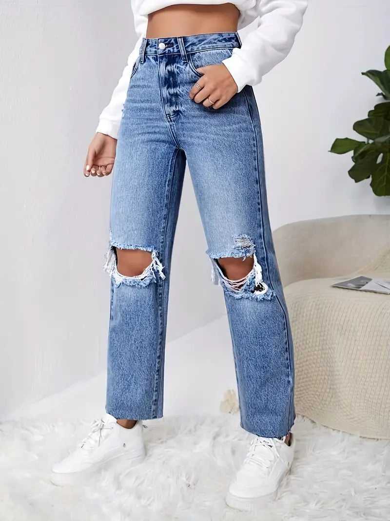 Blue Raw Cut Straight Jeans, Ripped Holes Loose Fit Slant Pockets Denim Pants, Women's Denim Jeans & Clothing