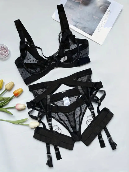 Sexy Mesh Lingerie Set with Ring Linked Bra and Garter Belt - Perfect for Women's Underwear and Sexy Nightwear