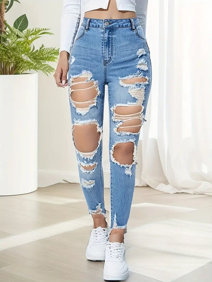 Blue Ripped Holes Skinny Jeans, Slim Fit High-Stretch Distressed Tight Jeans, Women's Denim Jeans & Clothing