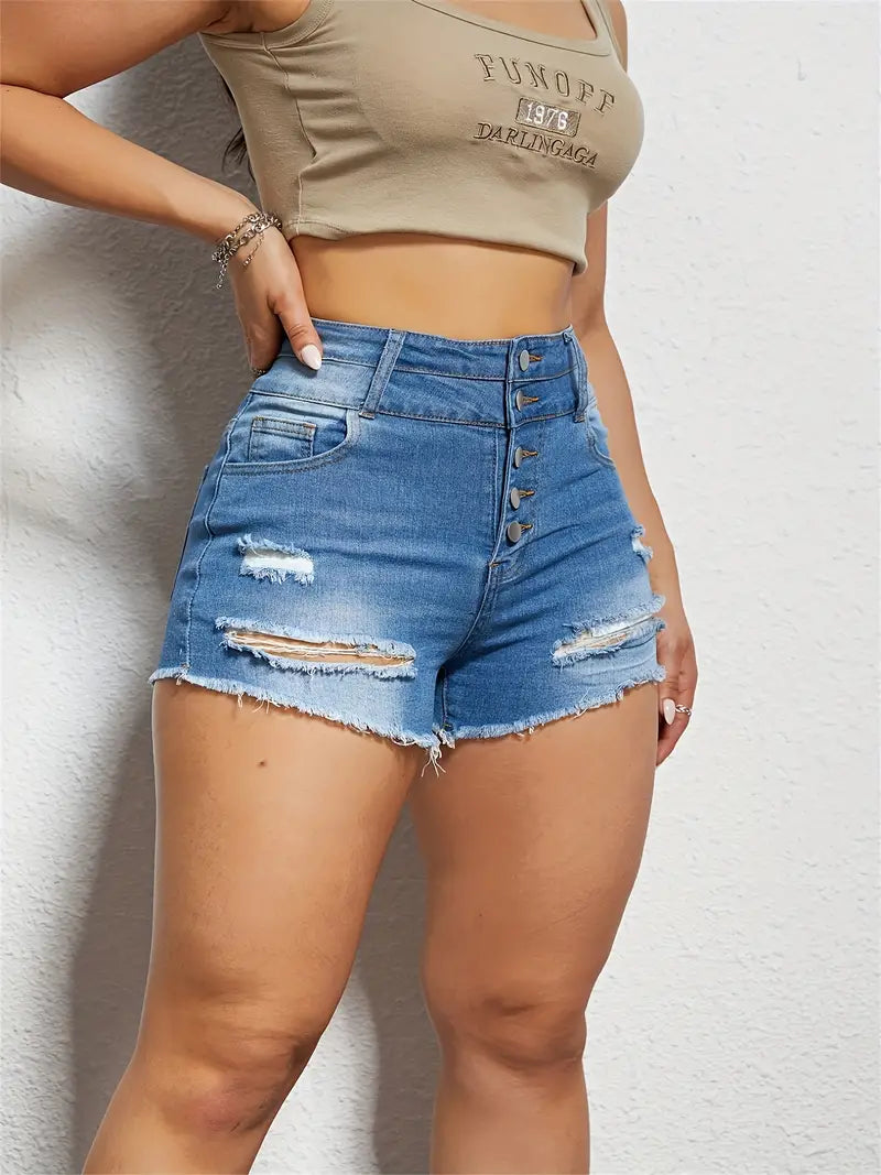 Button Fly Ripped Raw Hem Denim Shorts, High Rise Single-breasted Distressed Stretchy Summer Denim Shorts, Women's Denim Jeans & Clothing