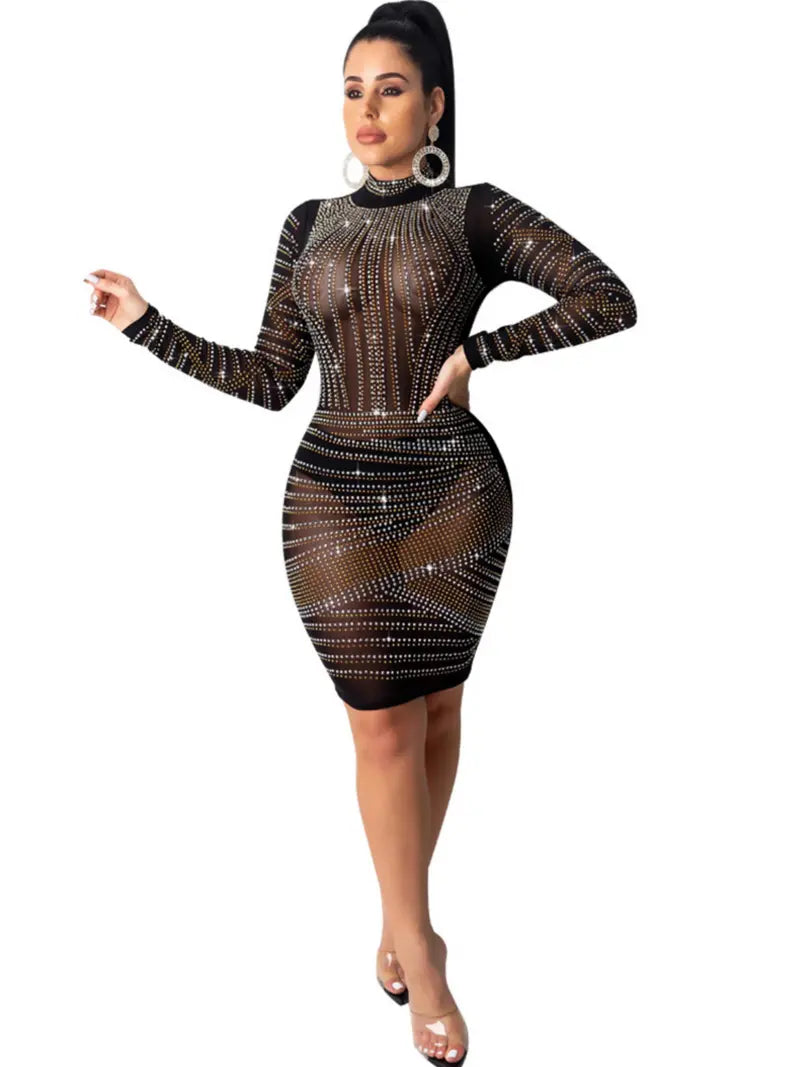 Women's Dresses Sexy Rhinestone High Neck Long Sleeve Fashion Club Birthday Party Nightclub Dresses