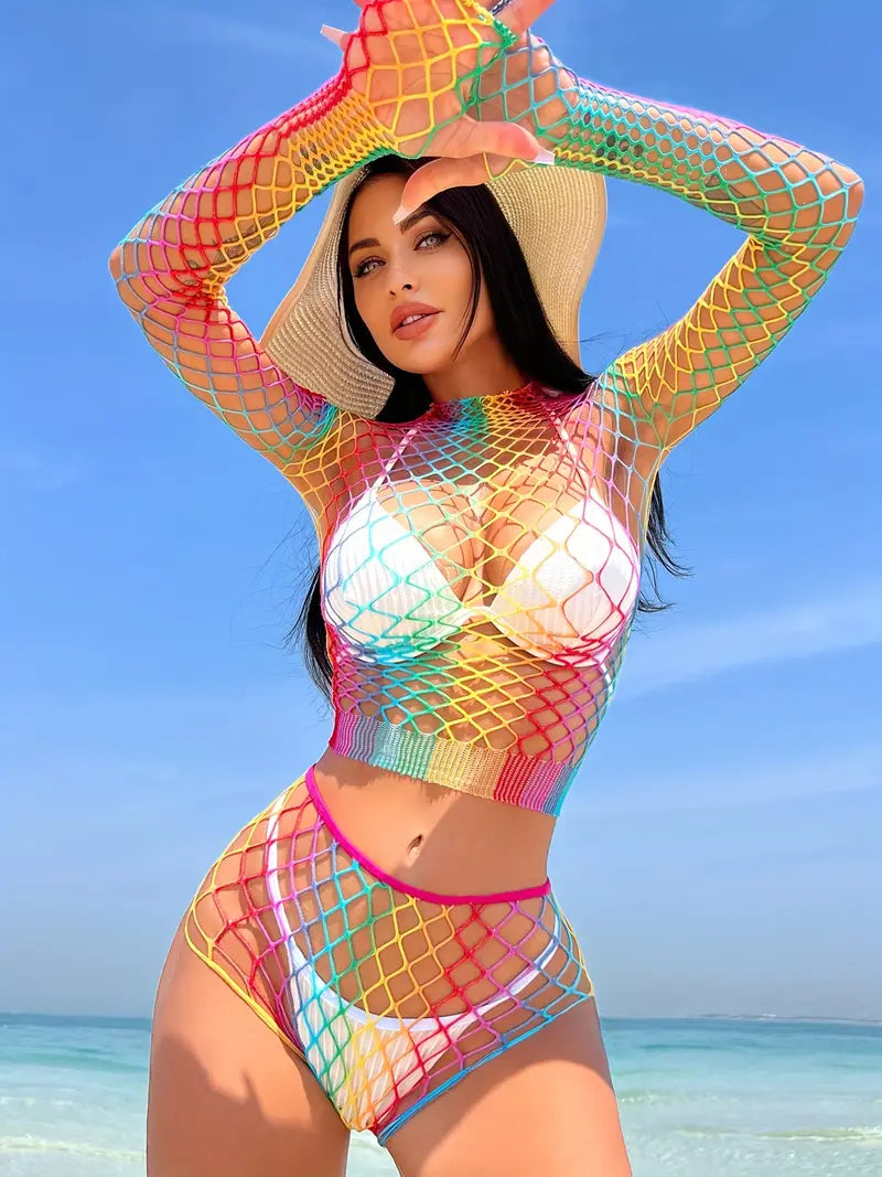 Colorblock Two Pieces Cover Up Sets Without Bikini, Hollow Out See Through High Round Neck Long Sleeves Cover Up Bathing Suit, Pride Style Women's Swimwear & Clothing