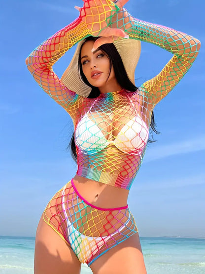 Colorblock Two Pieces Cover Up Sets Without Bikini, Hollow Out See Through High Round Neck Long Sleeves Cover Up Bathing Suit, Pride Style Women's Swimwear & Clothing