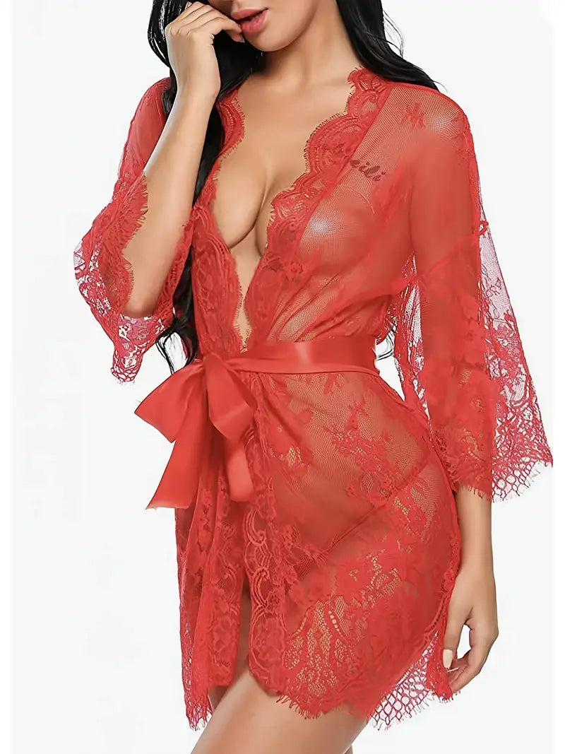 Sexy Floral Lace Cut Out Sleepwear, See Through Long Sleeve Short Robe With Belt & Thong, Women's Lingerie & Sleepwear