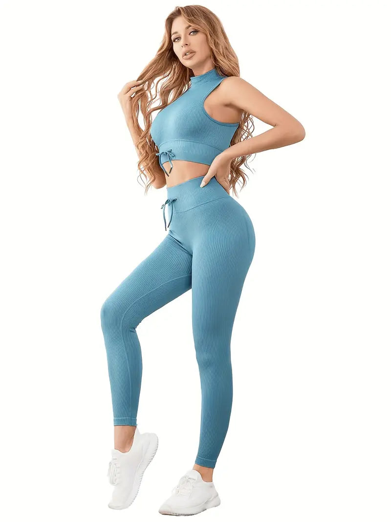 Look & Feel Your Best: 2-Piece Solid Drawstring Sports Suit for Women's Activewear!