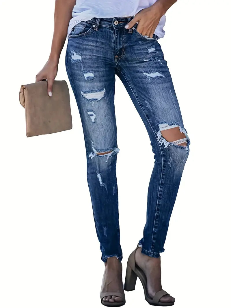 Blue Ripped Holes Straight Jeans, Slant Pockets High Stretch Casual Denim Pants, Women's Denim Jeans & Clothing