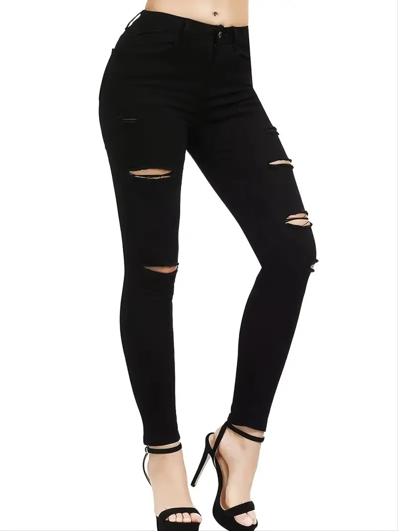 Pantalon en denim skinny déchiré noir, jean à poche inclinée stretch solide, pantalon en denim en détresse pour femmes 