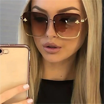 Y2K Bee Fashion Sunglasses For Women Large Square Rimless Metal Sun Shades For Driving Summer Beach Travel