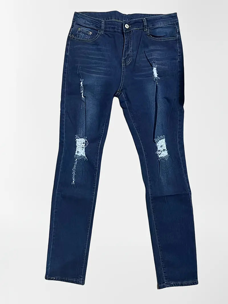 Pantalones de mezclilla desgastados para mujer: jeans ajustados de talle alto y rasgados para una apariencia elegante. 