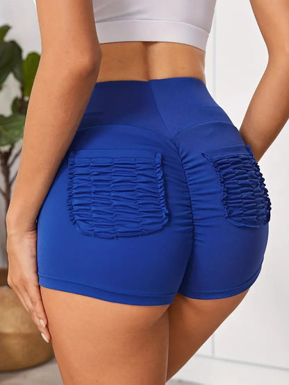 Look Sexy & Feel Comfortable in These Blue Ruched Biker Shorts - Women's Activewear With Pockets!