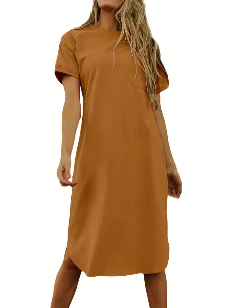 Crew Neck Mid Length Dress, Short Sleeve Solid Summer Pockets Dresses, Women's Clothing