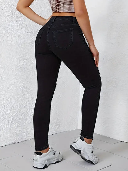 Ripped High Rise Skinny Jeans, Solid Black Stretchy Sexy Denim Pants, Women's Denim Jeans & Clothing