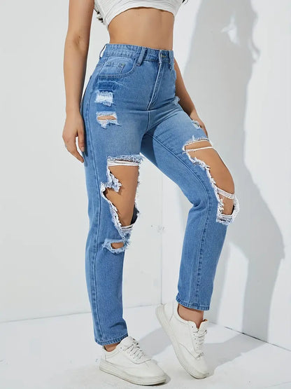 Women's Y2K Style High Waisted Distressed Denim Jeans with Ripped Slash Pockets