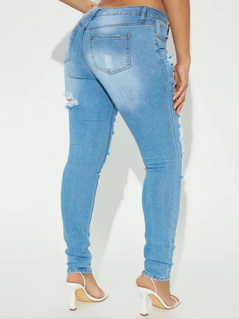 Women's Light Blue Skinny Denim Pants - High Rise Distressed Ripped Legs & Long Plicated Legs for a Stylish Look!