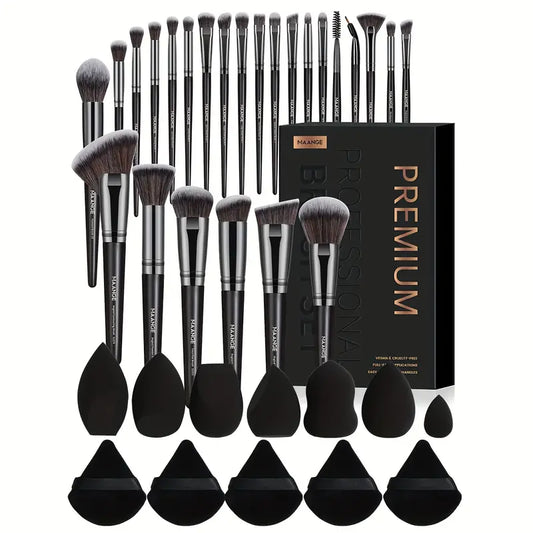 Pro Drag 37-Piece Unscented Makeup Kit by MAANGE: Includes 25 Nylon Brushes, 7 Blender Sponges, 5 Powder Puffs, Suitable for All Skin Types, Comes with Storage Box