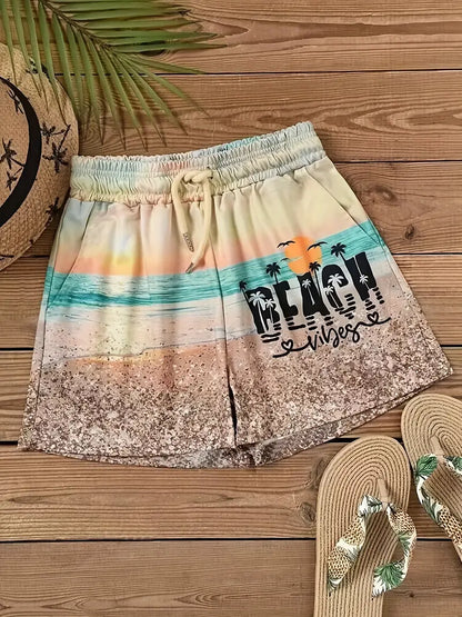 Women's Summer Casual Slant Pockets Shorts with Beach Landscape Print - Perfect for Beach Days!